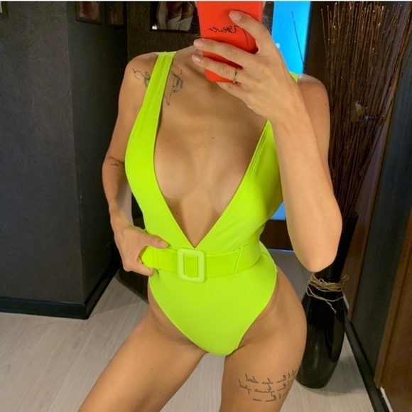 Other - New Neon Belted Plunge V-neck One piece Swimsuit Size M